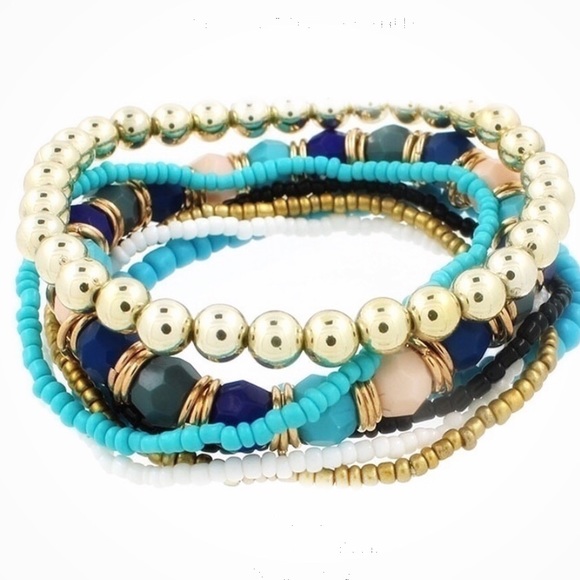 Boho Layer Bracelet Set 7 Piece Stackable Set in Blue Turquoise Gold Colors - Picture 2 of 6